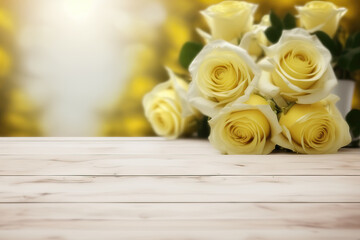 empty wooden table with blurry background of yellow roses, ai generated