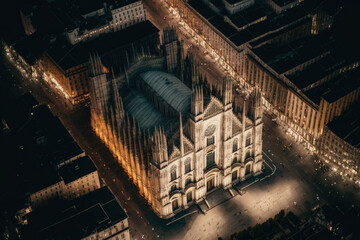 Obraz premium Italy's Milan. March 10, 2022. Aerial image of the cathedral's plaza, or Piazza Duomo, in Milan. View of Milan, Italy, at night. Generative AI