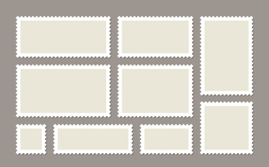 Post stamp. Blank frames of postage stamps. Empty postal shapes border set. Collection paper postmarks for mail letter isolated on gray background. Vector illustration.