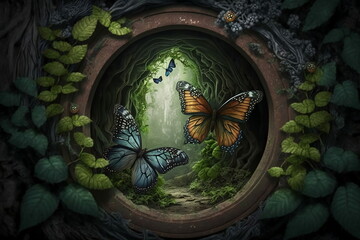 Butterfly in a magical tunnel to other world