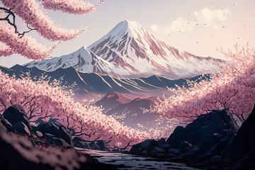 winter mountain landscape with cherry blossom trees