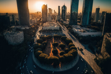 Drone image of Tel Aviv's city plaza with a landscape skyline. Israeli urban life TLV. Generative AI