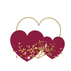 hearts in magenta tones, romantic watercolor abstract background decorated with gold stones , transparent backdrop, valentine, card, voucher or decorative product, png 