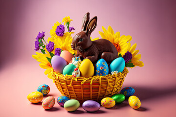 Fototapeta na wymiar Easter bunny with easter eggs in basket on pink background, photo realistic Generative AI illustration