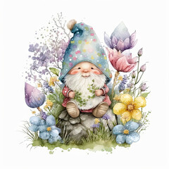 Cute Easter gnome sitting in spring flowers, garden gnome watercolor Generative AI sublimation