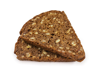 Two slices of dietary rye bread with sunflower seeds isolated on white background