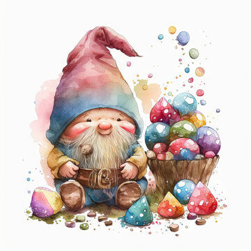 Easter gnome with basket full of colored eggs watercolor Generative AI illustration