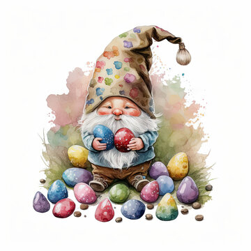 Easter gnome with decorated colored eggs and spring flowers, watercolor Generative AI sublimation design