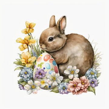 recommend clip art: Easter bunny and easter eggs and flowers, watercolor pring design Generative AI 