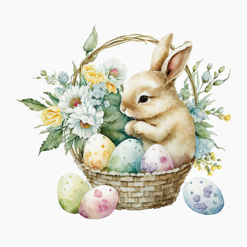 Happy Easter baby bunny in basket with spring flowers and colorful Easter eggs, watercolor painting Generative AI 