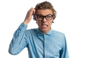 casual man is confused and disgusted at the same time