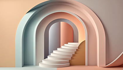 3d render illustration in modern geometric style arch and stairs with interior design gradient