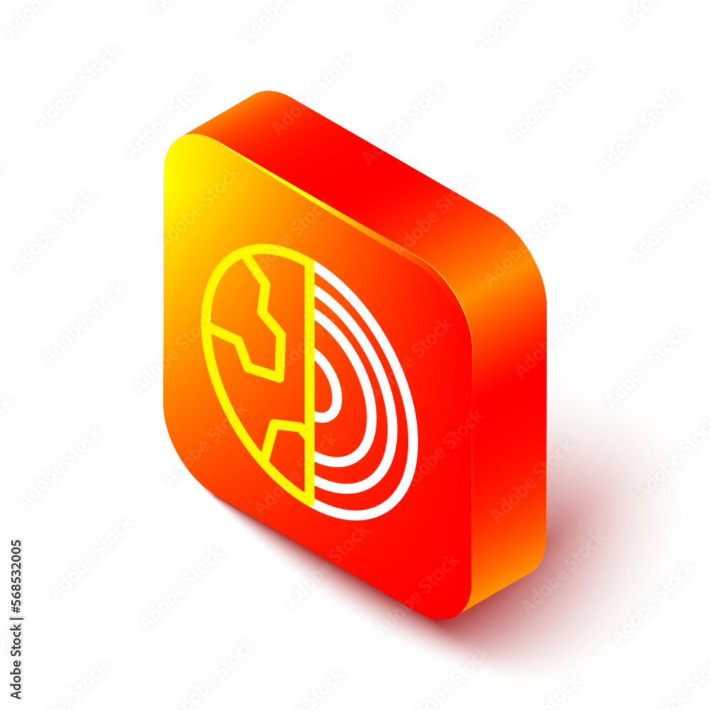 Aufkleber isometric line earth core structure crust icon isolated on white background. orange square button. v