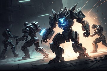 Fototapeta premium A group of cyborgs and robots fighting in a futuristic arena, with flashing lights and intense action generative ai