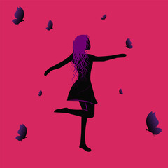 Obraz na płótnie Canvas Vector illustration of a silhouette of a young beautiful girl dancing with butterflies 