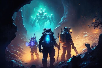 Obraz na płótnie Canvas A team of space marines exploring a haunted alien planet, with strange creatures and eerie lights in the background generative ai