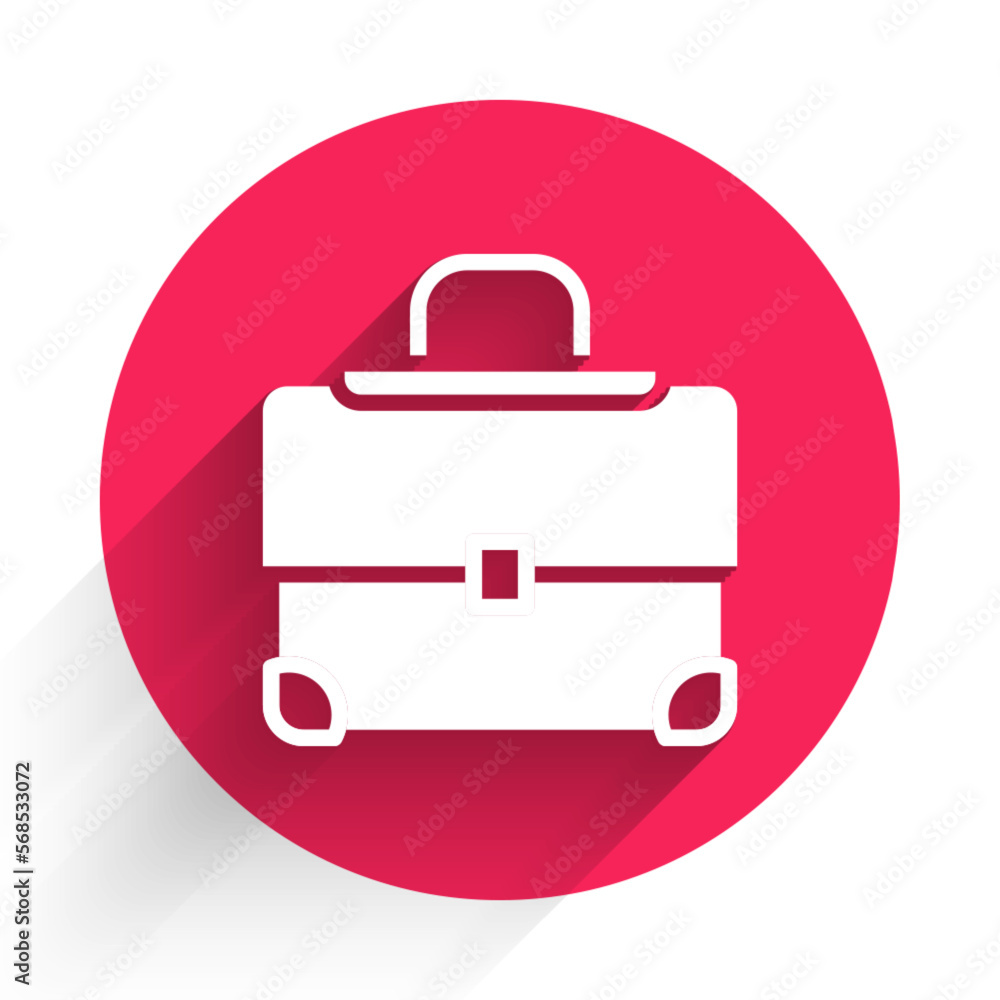 Poster white briefcase icon isolated with long shadow. business case sign. business portfolio. red circle b