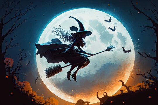 A witch flying on her broomstick over a full moon, digital art style, illustration painting generative ai
