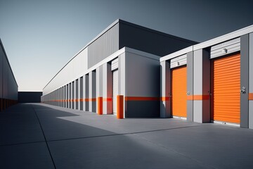 Sleek and organized self-storage facility, with rows of neatly stacked storage units surrounded by modern and functional buildings generative ai