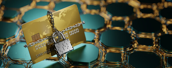 The concept of banking secrecy. Fraud with bank cards. A bank card protected by chains. 3d render.