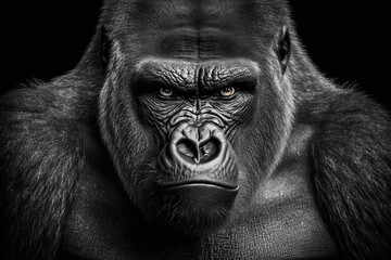 Portrait face powerful dominant male gorilla on black background, Beautiful Portrait of a Gorilla. severe silverback, anthropoid ape, stern face. isolated black background,Generative AI
 - obrazy, fototapety, plakaty