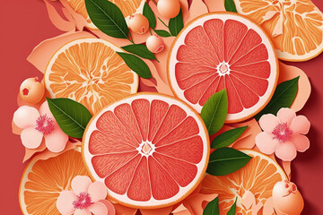 On a backdrop of rose pink, an orange fruit slice seamless design with blossoms and leaves can be seen. citrus fruit drawing of grapefruit. Generative AI