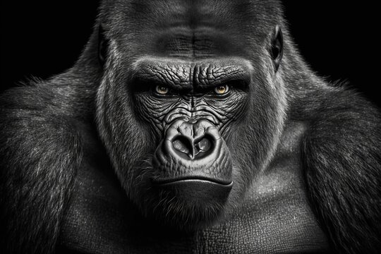Portrait face powerful dominant male gorilla on black background, Beautiful Portrait of a Gorilla. severe silverback, anthropoid ape, stern face. isolated black background,Generative AI
