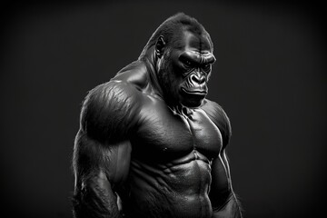 Fototapeta na wymiar Portrait face powerful dominant male gorilla on black background, Beautiful Portrait of a Gorilla. severe silverback, anthropoid ape, stern face. isolated black background,Generative AI 