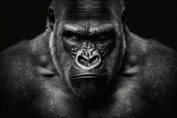 Fototapeta na wymiar Portrait face powerful dominant male gorilla on black background, Beautiful Portrait of a Gorilla. severe silverback, anthropoid ape, stern face. isolated black background,Generative AI 