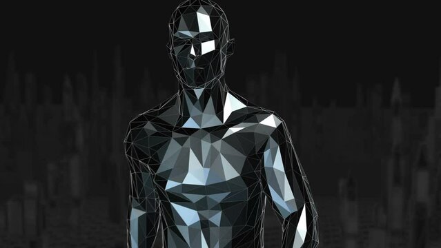 Geometric laser man figure on a lowpoly landscape. Seamless metal retro futuristic animation.