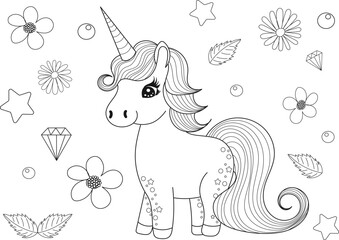 cartoon unicorn coloring book on white background, vector