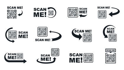 QR code scan for smartphone. Qr code frame vector set. Template scan me Qr code for smartphone. QR code for mobile app, payment and phone. Scan me phone tag. Vector illustration. - obrazy, fototapety, plakaty