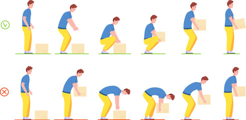 Proper lifting. Correctly and wrong heavy box lift technique, good loadman posture for moving or loading heaviness, safety body bending ergonomic pose, splendid vector illustration