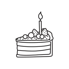 Piece of cake with cream, strawberries and candle. Hand drawn line art vector illustration isolated on white background.