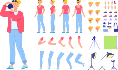 Photographer constructor. Woman cameraman with photo camera character kit, female journalist job animation, face and clothes generator, photograph diy swanky vector illustration
