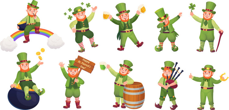 Leprechaun Patrick Characters. Leprechauns Party, Irish Gnome Saint Patron Ireland Holiday Day Cute St Dwarf Dab Move Elf With Bagpipe Beer Or Rainbow Ingenious Vector Illustration