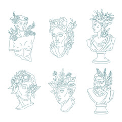 Floral sculptures. Female greek statue with flowers, woman sculpture and david or apollo head, ancient greece modern creative line art italy statues, ingenious vector illustration