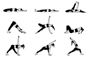 Yoga poses collection. Black and white. Female woman girl. Vector illustration in flat style isolated on white background.