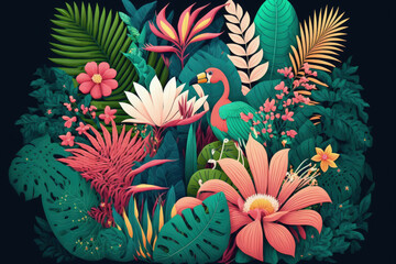 Fototapeta na wymiar Tropical flowers and foliage are used to create a creative landscape. Lay flat. summertime idea. Generative AI