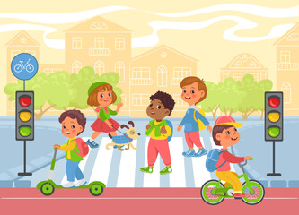 Cute kids on walk outdoor. Zebra crosswalk. Road traffic dangerous. Pedestrians cross path. Children in cityscape. Bicycle and scooter riding. City transportation. Splendid vector concept