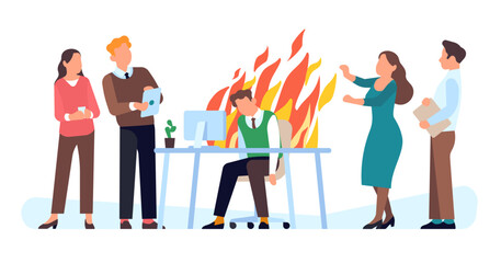 Fototapeta premium Exhausted employee. Tired overworked worker burns out at work. Man sitting in fire flame. Emotion crisis. Overloaded male at computer. Office colleagues. Business failure. Vector concept