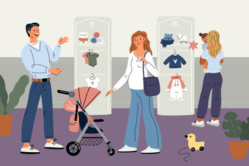 Expectant parents in children store. Pregnant woman and her husband choose baby clothes. Couple in love shopping. Mother and father make purchases for newborn toddler. Garish vector concept