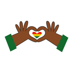 Black history month. African american hands making a gesture with heart shape. Fingers with red yellow green flag. Romantic love in minority community concept. Vector flat illustration.