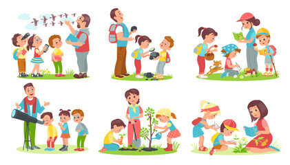 Kids learn nature. Young naturalists discover world with teachers. Practical outdoor activities. Mentors and students. People planting trees and studying animals. Splendid vector set