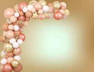 greeting card with gold, white, pink and transparent balloons. Gold gradient background with space for text. basis for love messages, wedding invitations, Valentine's Day, birthdays, parties, posters,