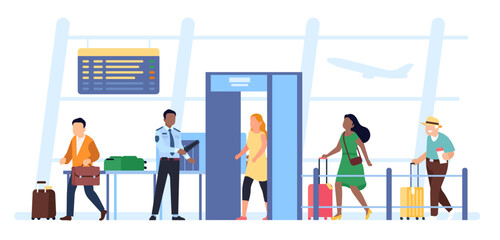 Passengers and tourists pass through gates with detectors at airport. Security guard scanning baggage. Men and women waiting in queue. Airline transportation safety. Vector concept
