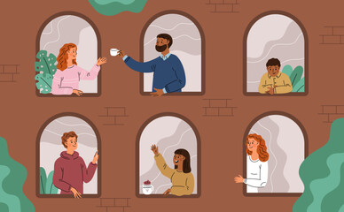 Obraz premium Peeking out window funny characters. Happy people interact with each other. Neighbors at home. House facade. Residential building exterior. Men and women communication. Garish vector set