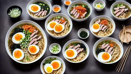 Fototapeta na wymiar Delicious bowls of Japanese Ramen with egg, noodles, and chicken, Ai Generated