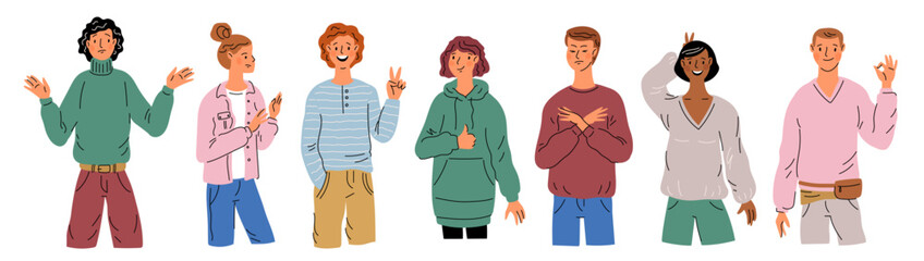 People with gestures. Guys and girls speak with arm signs. Emotional students gesticulating. Greeting symbols. Approval or rejection. Standing persons showing hands. Garish vector set