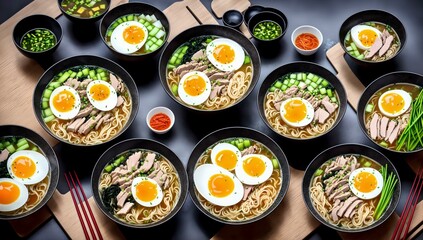 Delicious bowls of Japanese Ramen with egg, noodles, and chicken, Ai Generated